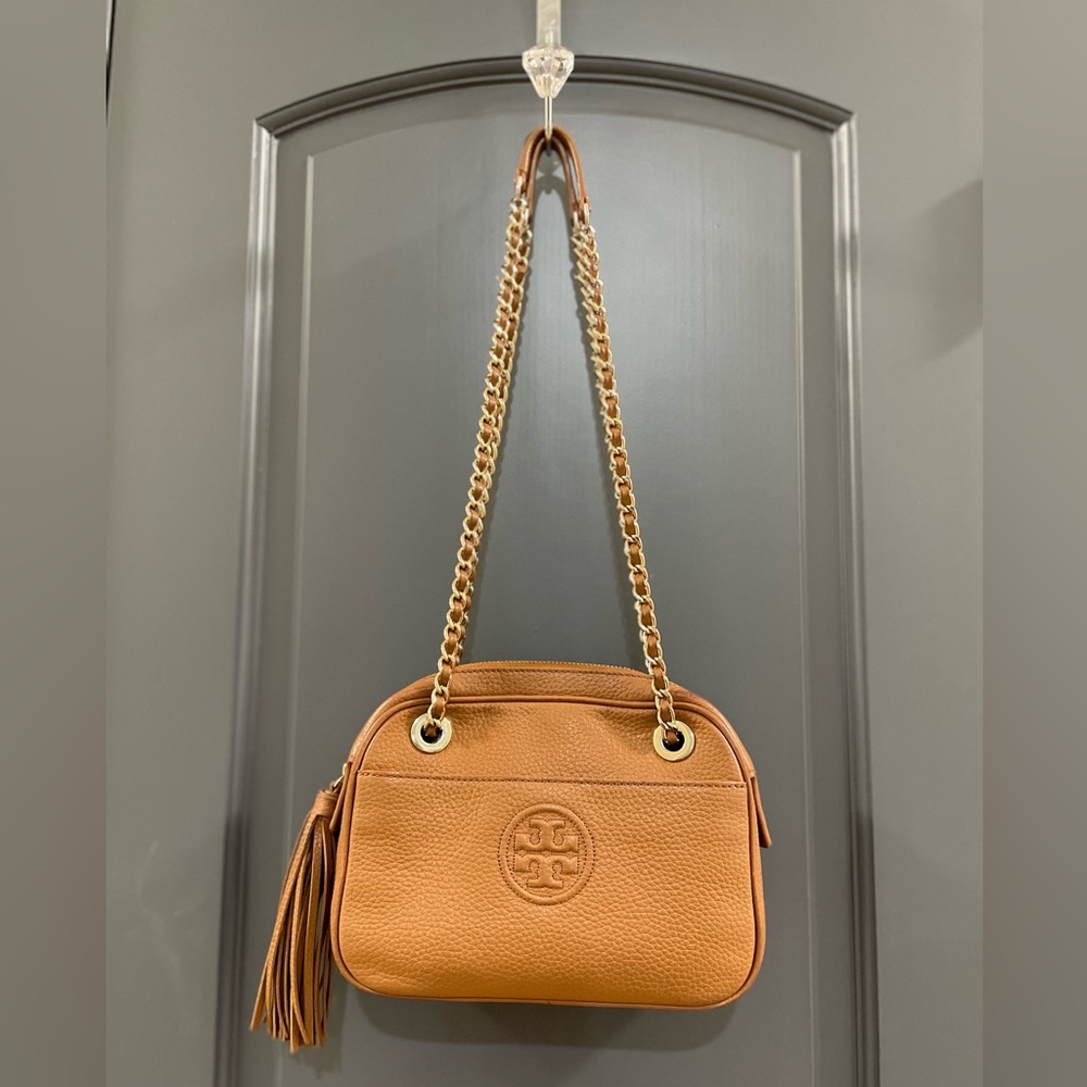 Tory Burch Thea Crossbody Combo Bag Chain Tan Leather Zip Tassel